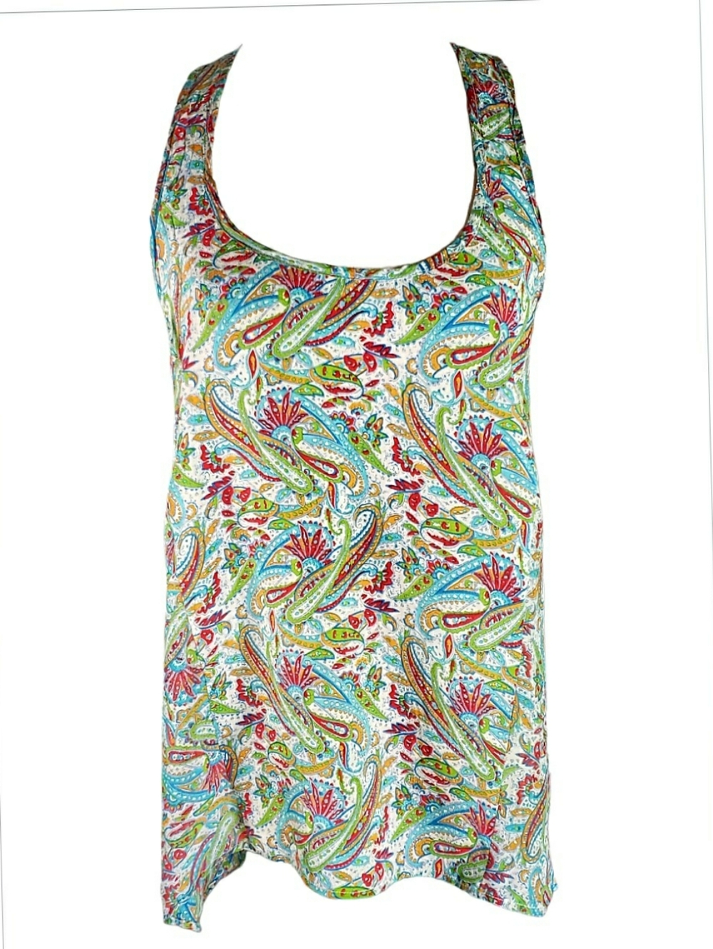 Patterson J Kincade Silk Paisley Racerback Hi-Lo Trapeez Top Aqua Coral Green S